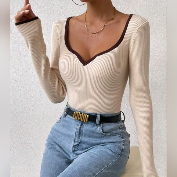 New Chic Sweetheart Contrast Trim Ribbed Knit Top Fitted Brown Tan Beige - Picture 5 of 8